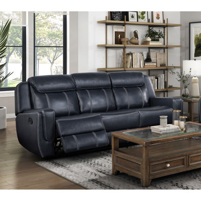 Modern Blue Reclining With Foam Padding Over Pocket Coils, Center Drop-down Cup Holders 3 Solid Wood Frame And Accessories