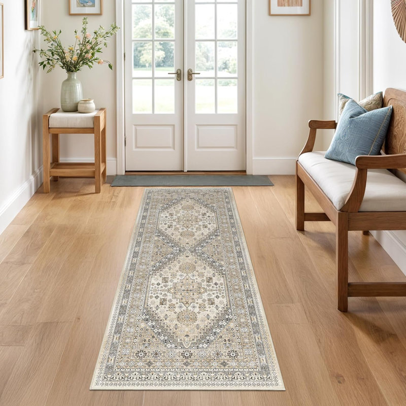 Medallion Non Slip Washable Rug(Beige), Runner 2' x 5'