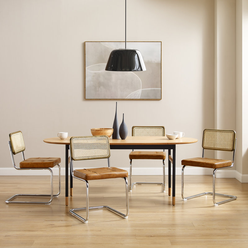 Lidda Tufted Upholstered Dining Side Chair with Cane Rattan Back, Yellow Brown