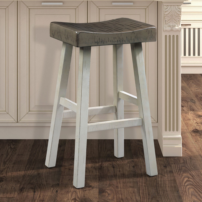 Traditional Solid Wooden Stool Set of 2pc, Contour Seat Gray / White 29"H, Gray, White