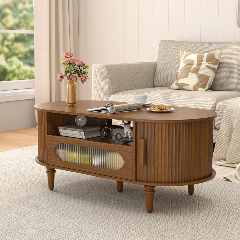 Fluted Coffee Table With Storage, Oval Coffee Table With Sliding Door And Drawer, Walnut