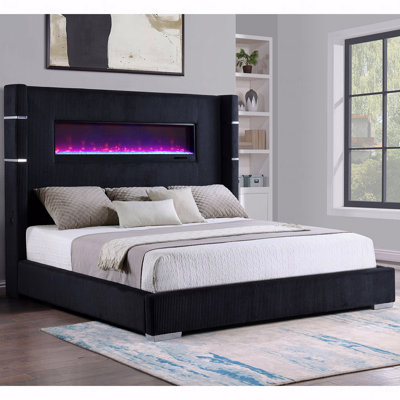 Queen Bed Frame, Judah Black Upholstered Design Flame Visualizer