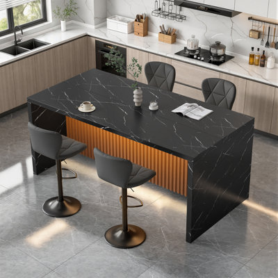 Large Modern Rectangle Dining Table For 6 People, Imitation Marble Kitchen Island Table With Led Lights For Kitchen, Dining Room, Living Room