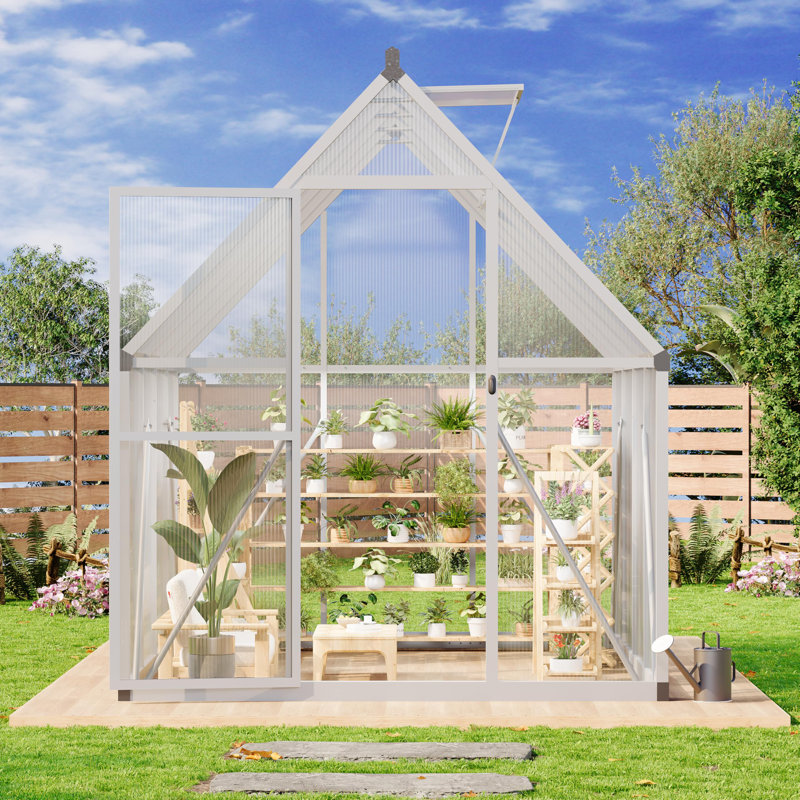 Silver 6x7 Ft Heavy-Duty Walk-in Polycarbonate Greenhouse Kit with Aluminum Frame, Lockable Door, Adjustable Roof Vent and Side Gutters for Year-Round Gardening