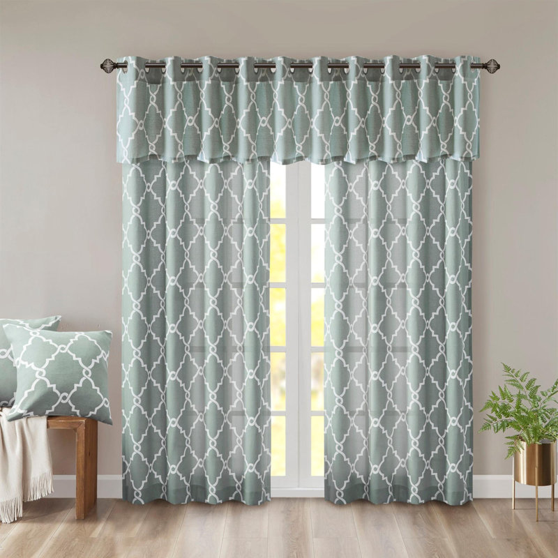 Fretwork Print Grommet Top Window Valance, Seafoam/White