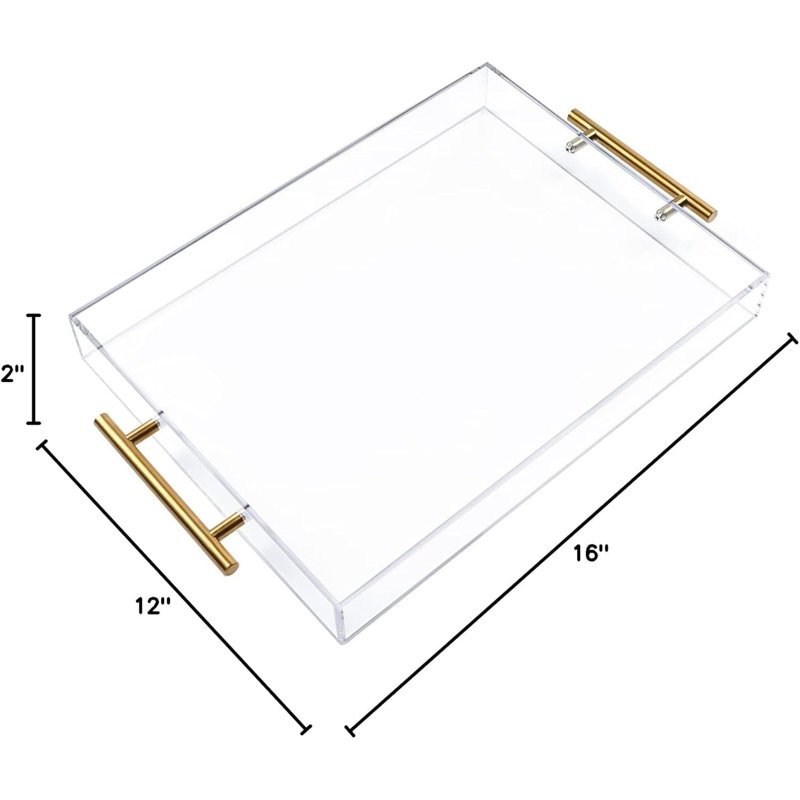 12"x16" Clear Acrylic Serving Tray with Golden Handles - Sturdy Capacity for Coffee, Kitchen & Desk Organizer