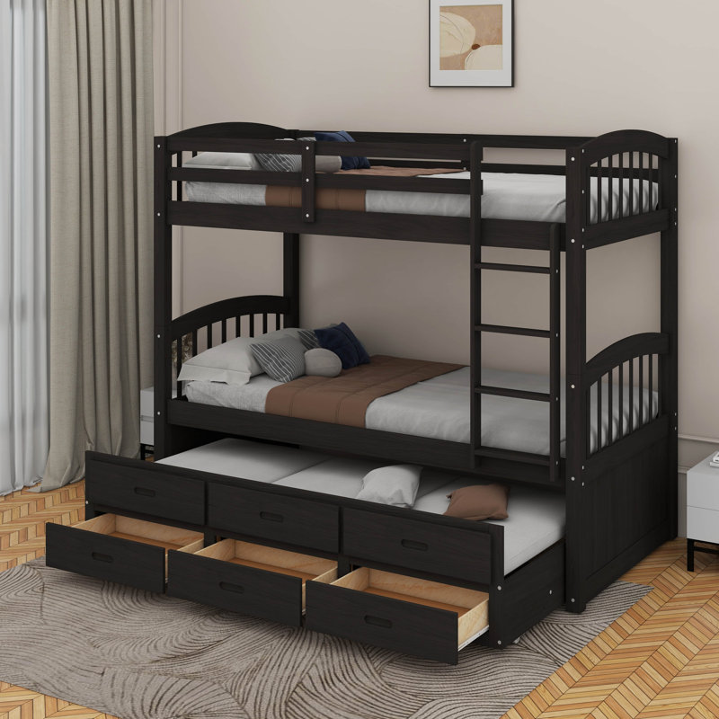 Twin Over Twin Wood Bunk Bed With Trundle And Drawers, Espresso