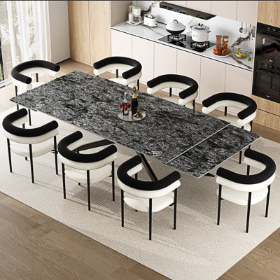 Ensemble de table de salle à manger extensible 9 pièces 110 po avec 8 chaises en tissu