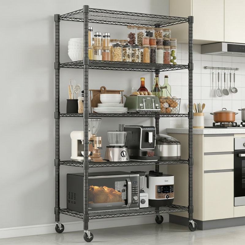 Yelena 90cm W Metal Shelving Unit with Wheels, 208cm H x 90cm W x 45cm D, Black