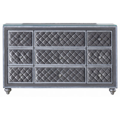 Commode 9 tiroirs avec plateau en verre trempé et boutons de tiroir en faux cristal, commode de rangement pour la chambre à coucher
