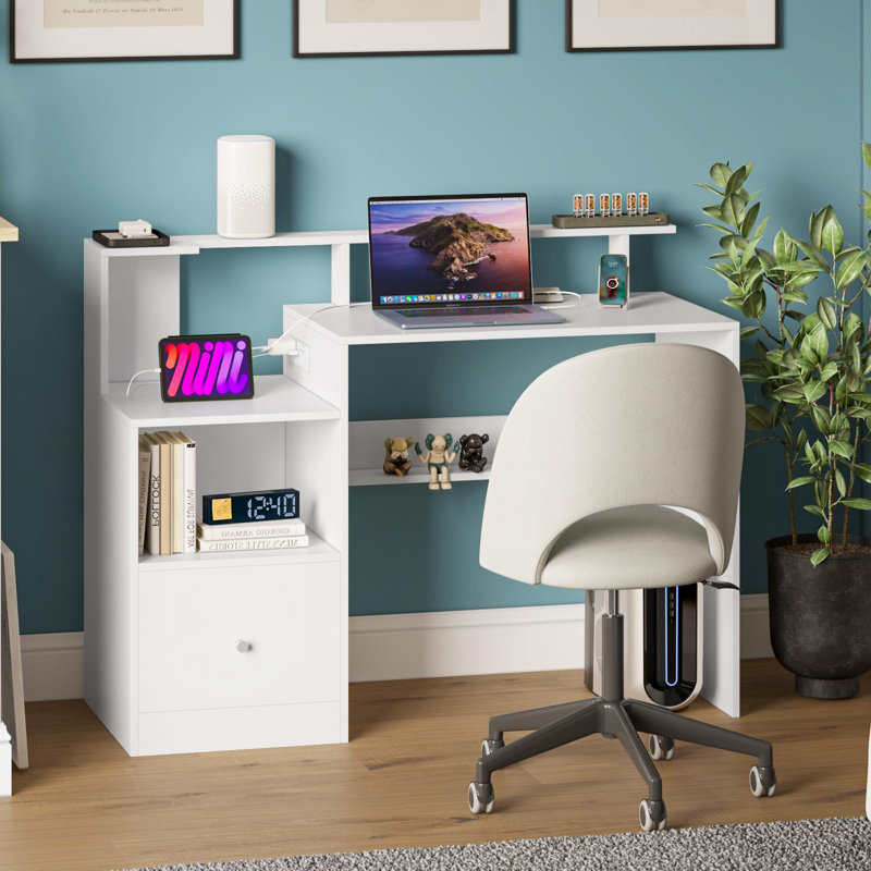 120cm Computer Desk With Drawers And Power Outlet,white Office Desk With Monitor Stand&cable Management, Gaming Desk Pc Table With Storage, Small Study Table For Home Office/bedroom