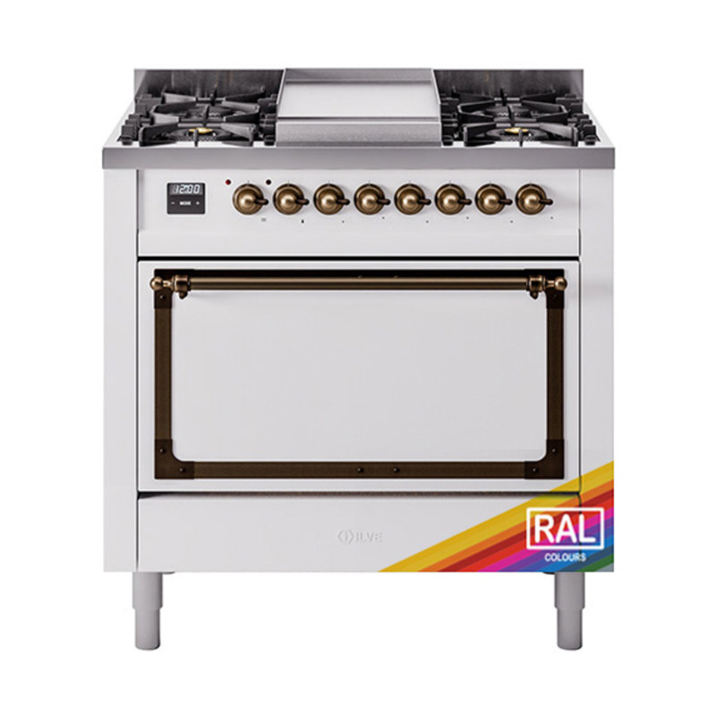 ILVE Nostalgie II Series Noblesse 36 inch Dual Fuel Range with 6 Sealed Burners (Glass Door), Natural Gas, Burnished