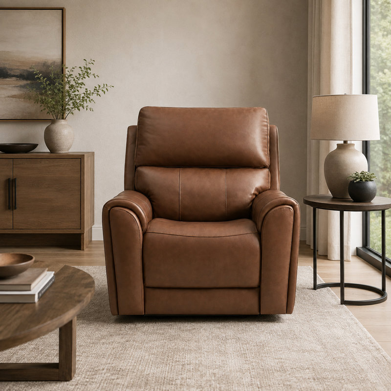 Fauteuil inclinable électrique en cuir véritable avec position zéro gravité et porte-gobelets escamotables, Marron clair