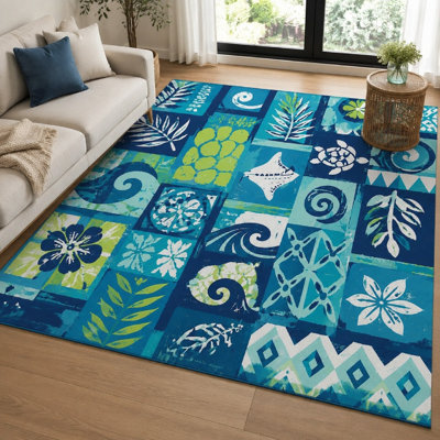 1 tapis tropical à motif de collage - bleu vif et vert, imprimés botaniques abstraits Sea Life, velours court, facile d'entretien, envers antidérapant pour le salon, la chambre à coucher et la cuisine