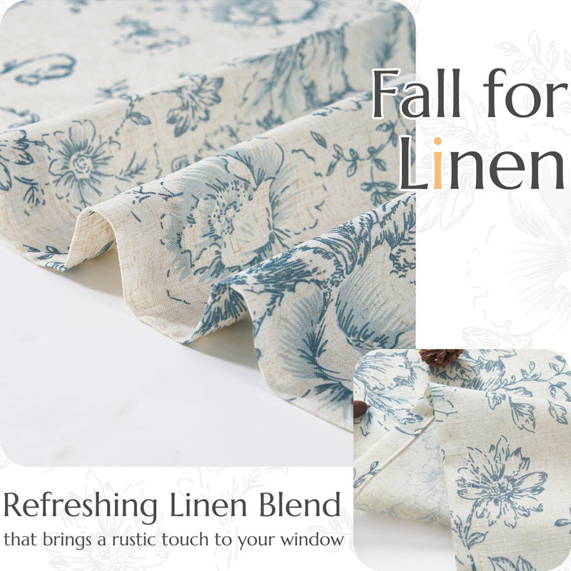Floral Linen Tie Up Shade Valance, Blue, 42" W x 45" L