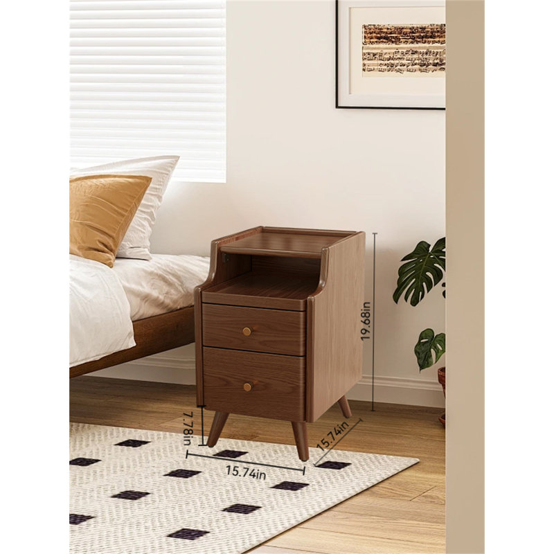 Table de chevet en bois avec deux tiroirs - Table de chevet pour chambre à coucher, Noyer
