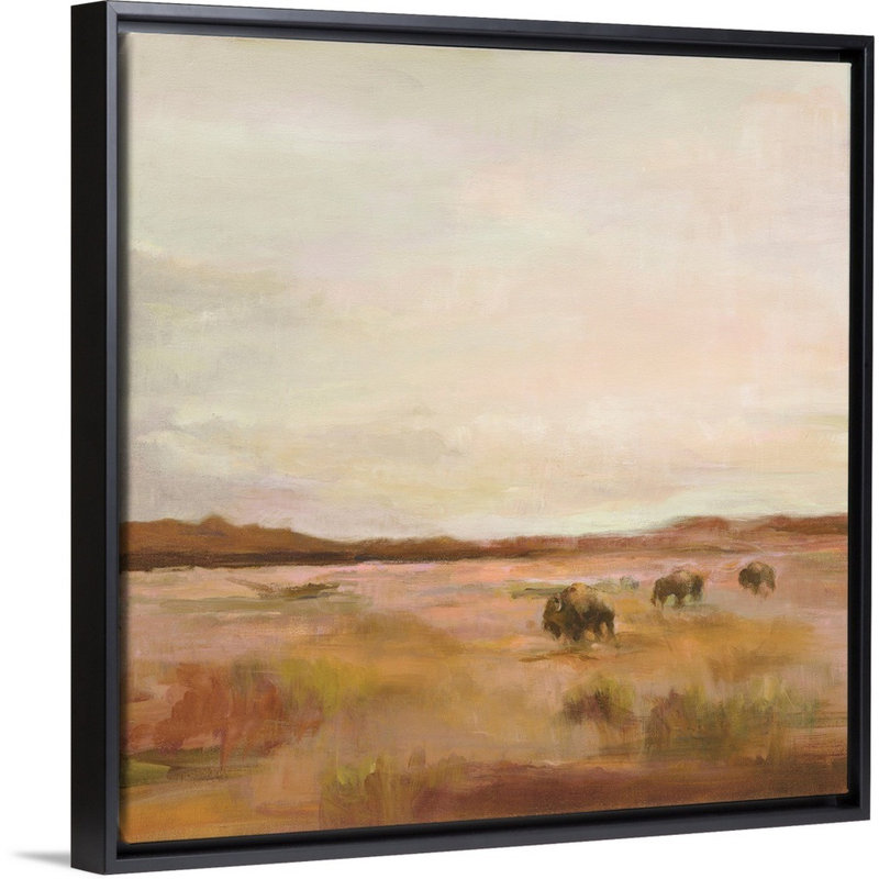 Buffalo Under Big Sky Warm - imprimé, Cadre flottant noir, H 22 po x l 22 po x P 1,75 po