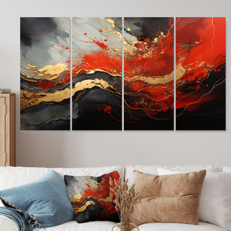 «Red and Gold Marble Fire I», art abstrait, 4 pièces, H 32 po x l 64 po