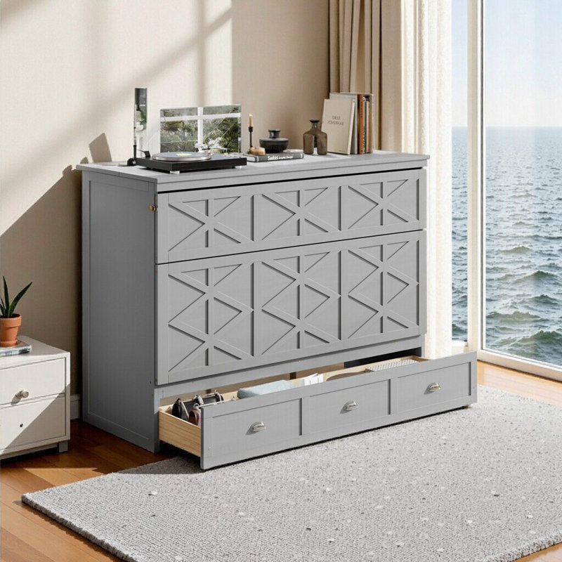 Grand lit escamotable avec grands tiroirs et chargement USB - Lit escamotable mural, gris brossé, gris