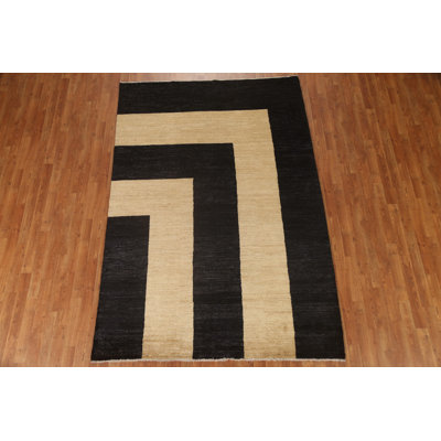 Tapis noir en laine noué à la main de conception unique 6 pi 8 po x 10 pi Bacall