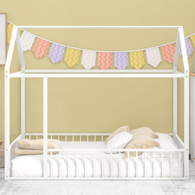Structure de lit pleine grandeur en métal avec clôture, pour enfants, adolescents, blanc