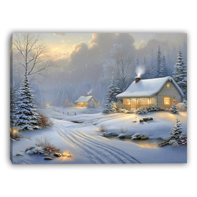«Snowy Cabin Glow - Peaceful Winter Landscape», art mural sur toile tendue