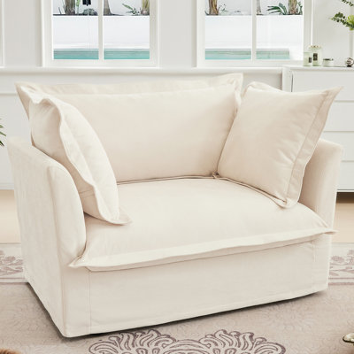 Fauteuil à housse avec 1 grand coussin de dossier et 2 grands coussins décoratifs, 1 canapé profond confortable et 1 siège large, plusieurs coussins moelleux, tissu chenille, crème