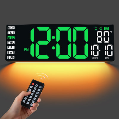 16.5" Large Digital Wall Clock With Remote Control, Auto-dimming Led Display With Date Temp, Big Number Wall Mount Decor Clock For Seniors, Classroom, Dorm, Home, Office, Gym Green