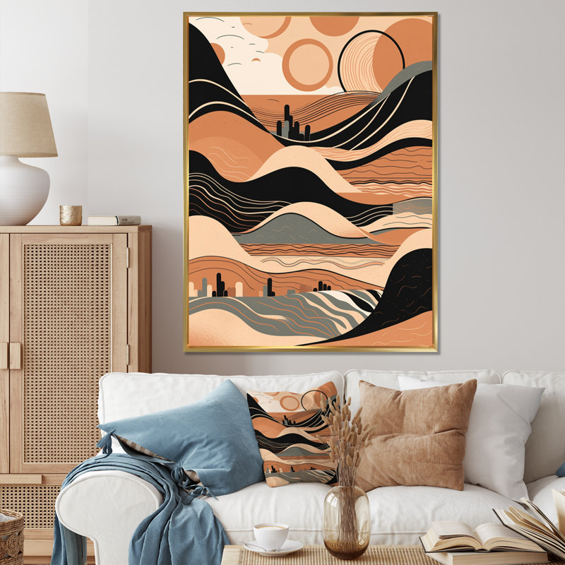 «Brown Black Line Art Elegance II», reproduction d'art sur toile, H 32 po x l 16 po x P 1 po, Cadre flottant doré