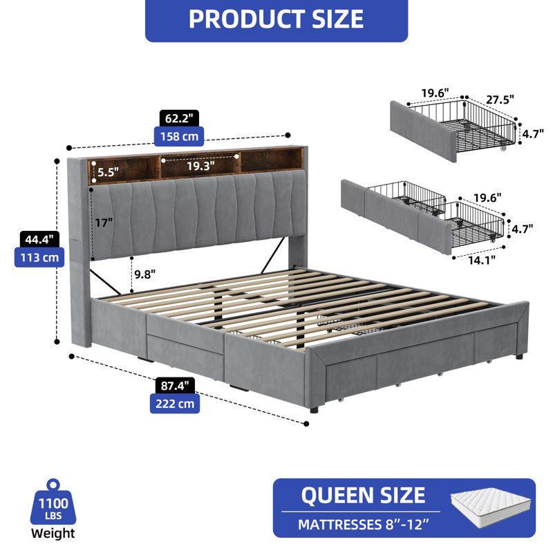 Upholstered Bookcase Storage Bed, Queen, Gray