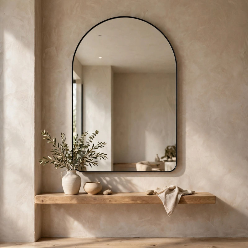 Miroir flottant rectangulaire, sommet arqué, noir satiné de style moderne 22 x 34