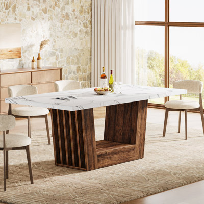 63-inch Faux Marble Dining Room Table, Rectangular Kitchen Table for 4-6 with Heavy-Duty Base
