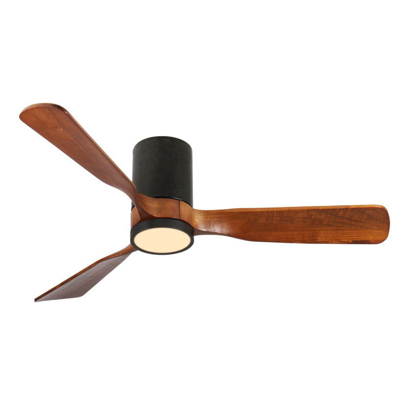 Led Indoor/Outdoor Flush Mount Matte Black Ceiling Fan With Wood Blades, 6-Speed Dc Remote Control, 52" Wide