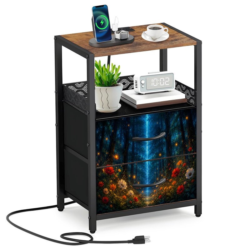 Table de chevet 2 tiroirs en tissu avec station de charge
