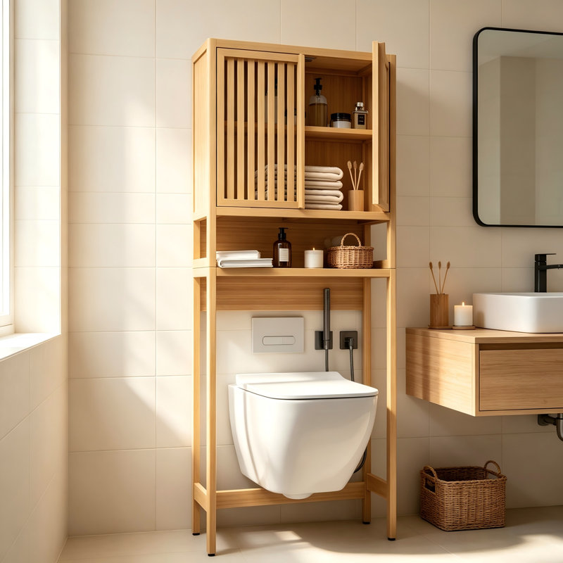 Support de rangement autoportant en bambou pour la salle de bain et la lessive, organisateur de plancher compact avec tablettes - couleur naturelle