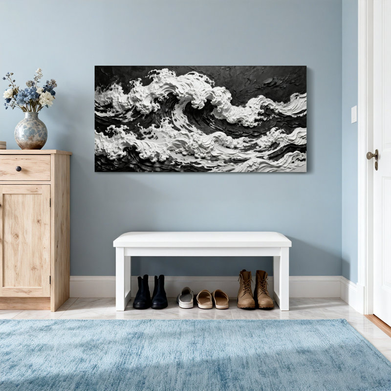 Motif de vagues tendance en noir et blanc, H 16 po x l 32 po