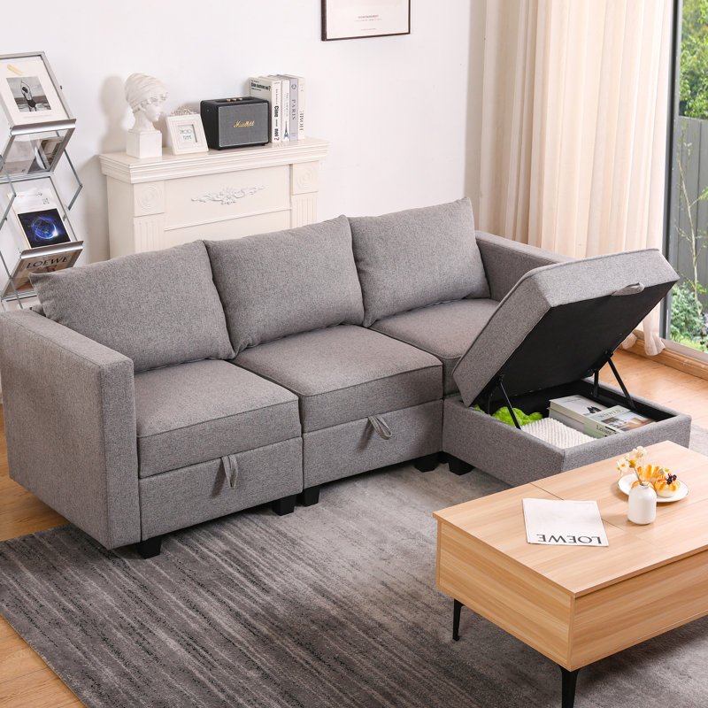 Canapé modulaire polyvalent avec méridienne convertible et repose-pieds, idéal pour des sièges flexibles et beaucoup de rangement dans tout espace de vie.