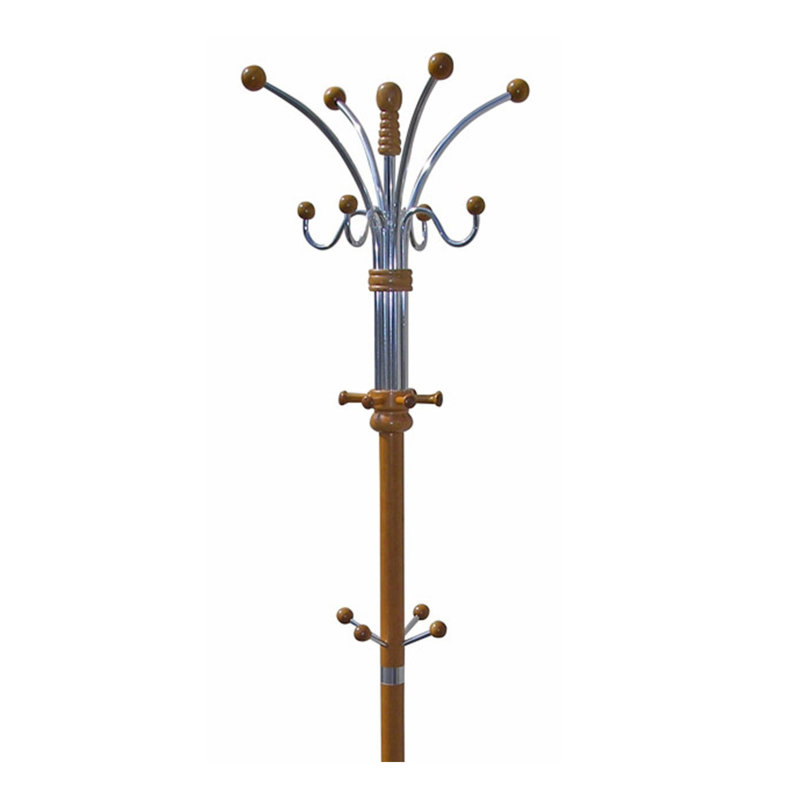 73" Tall Chrome And Wood Coat Rack, Oak Finish