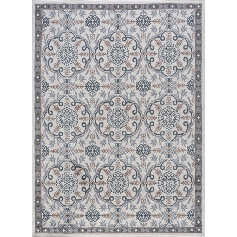 Hoban Oriental Scroll Cream/Gray/Blue Indoor Area Rug for Living Room, Bedroom, Dining Room, Rectangle 2' x 3'