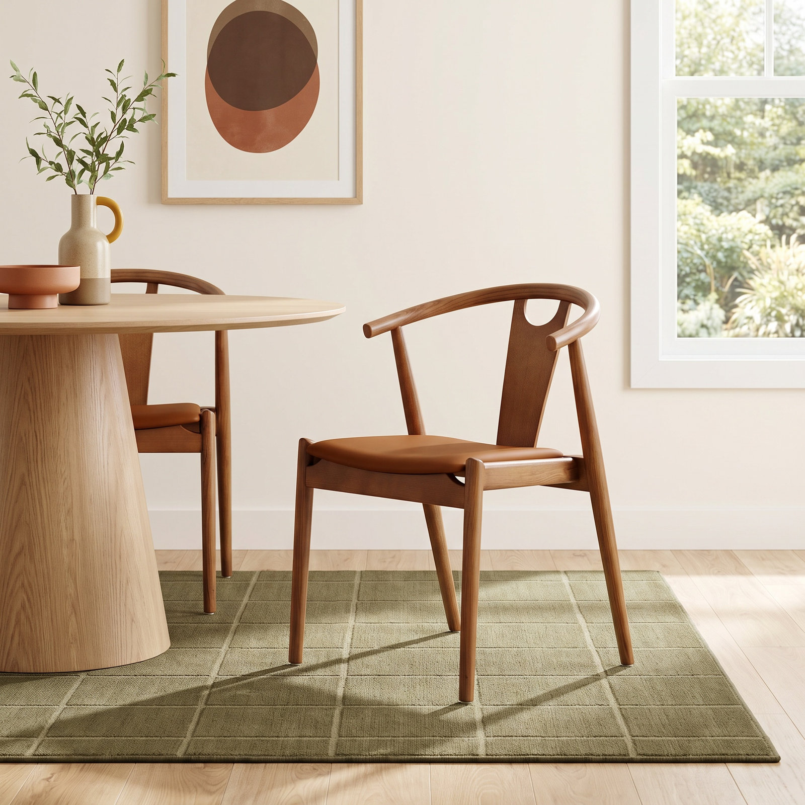 Ambra Dining Chair, Dark Tan Faux Leather/Walnut Frame, 1
