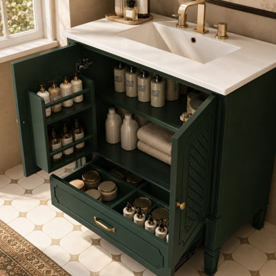 Meuble-lavabo autoportant de 30 po avec lavabo en céramique, meuble-lavabo rétro avec cadre en bois d'acacia, portes à fermeture douce, tablette de rangement réglable et tiroir