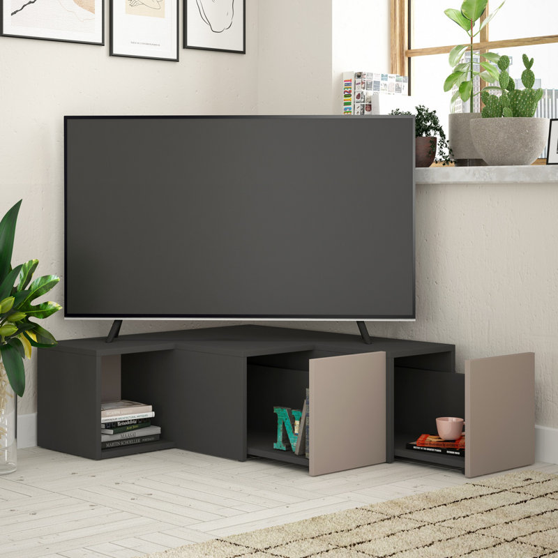 Meuble télé moderne avec option de fixation murale, anthracite et brun clair, 35,4 x 12,6 x 36,2 pouces | 100% panneau de particules enduit de mélamine, épaisseur: 0,7 pouce | Plusieurs tablettes pour le rangement et la présentation, design élégant