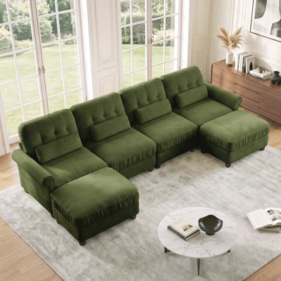 Canapé modulaire en U à 4 places en chenille avec repose-pieds double, coussin de siège à volants, accoudoirs roulés et coussins de soutien lombaire, siège profond confortable pour le salon en famille