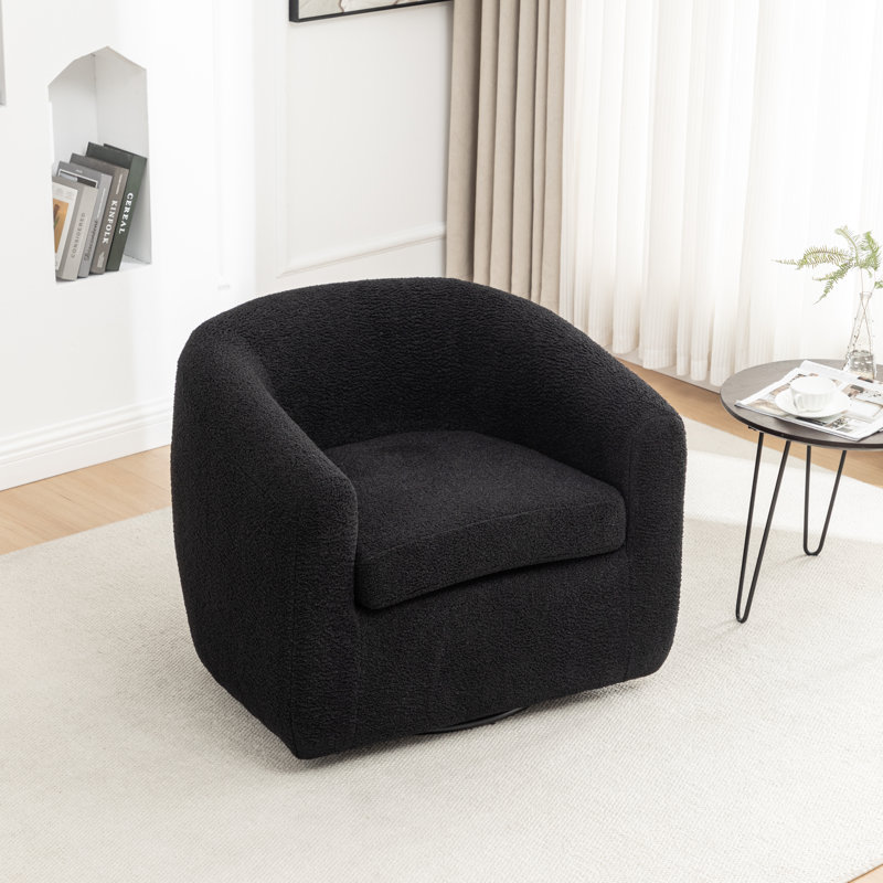 Odey Upholstered Swivel Barrel Chair, Black Teddy
