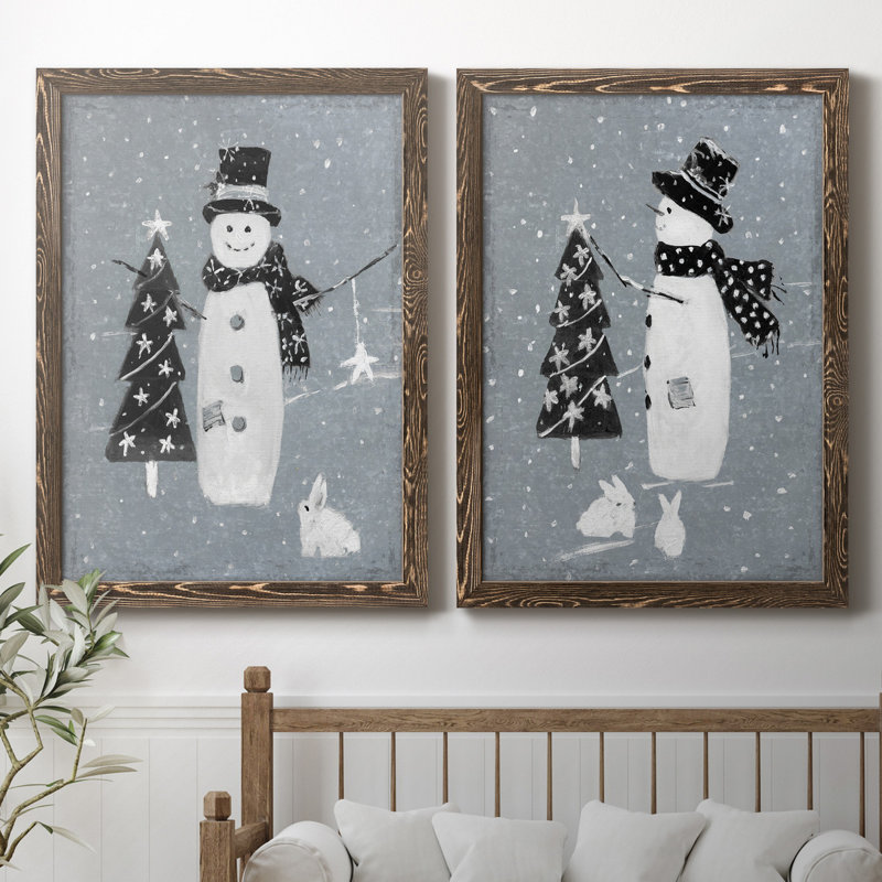 «Snowman Galvanized I», ensemble de 2 reproductions, Toile avec cadre en noyer, Pas de tapis, H 44 po x l 31 po x P 1 po