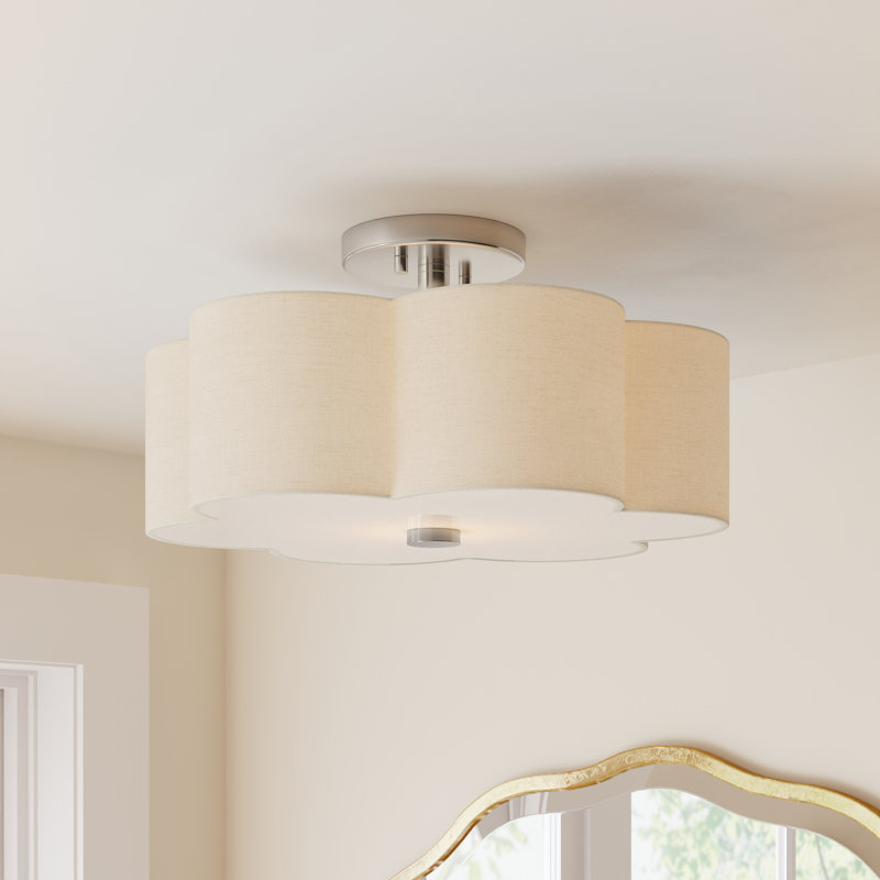 Copper Linen Blend Semi Flush Mount, 8.5" H x 15" W x 15" D, Brushed Nickel