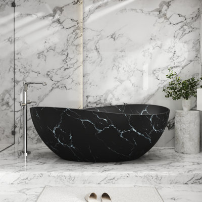 CASAINC 63" Solid Surface Freestanding Soaking Bathtub With Marble Look