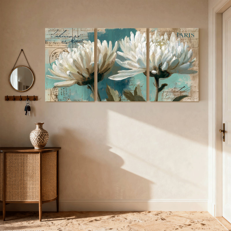 Plantes et fleurs, fleurs blanches, écriture rétro sur fond de Paris, ensemble de 3 impressions sur toile, H 30 po x l 60 po