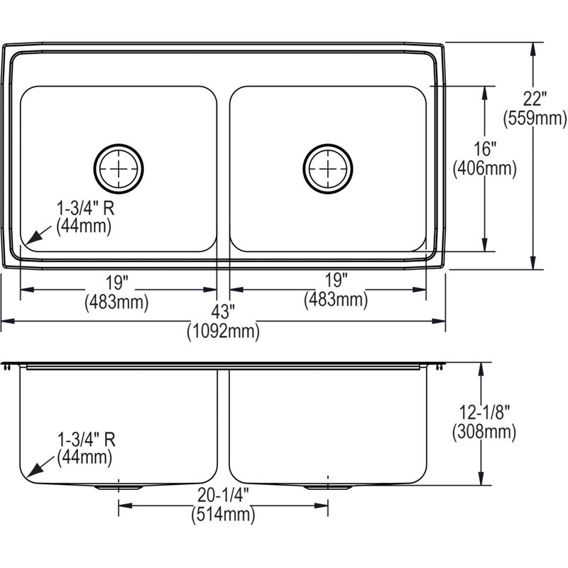 Évier de cuisine à double cuves l 43 po x l 22 po Lustertone
