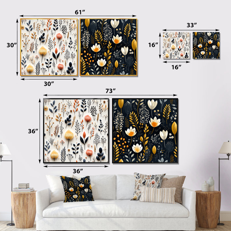 Ensemble de 2 impressions murales sur toile florales, Cadre noir, H 36 po x l 73 po x P 1,5 po